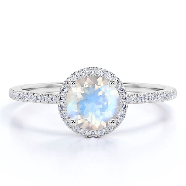 JeenMata Anillo de Bodas de 1 Quilate con Halo de Corazón de Moissanita y Piedra Lunar Arcoíris Facetada Redonda en Oro Blanco de 18 K sobre Plata