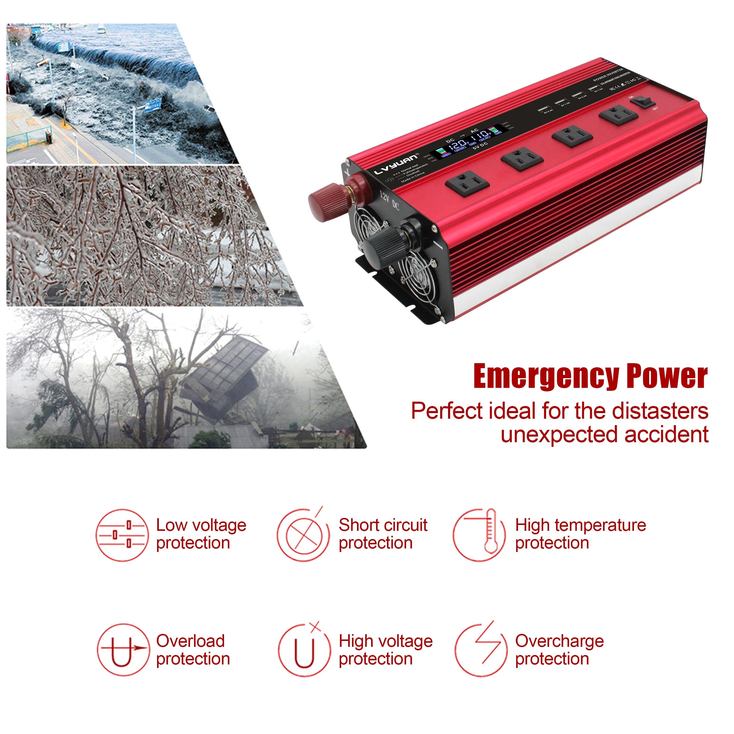 LVYUAN 3000W 6000W Modified Sine Wave Power Inverter DC 12V to AC 110V Car Converter with LCD Display & Remote Control 4AC 4USB  for Home/ Camping/ Outdoors/ RV/ Car Use