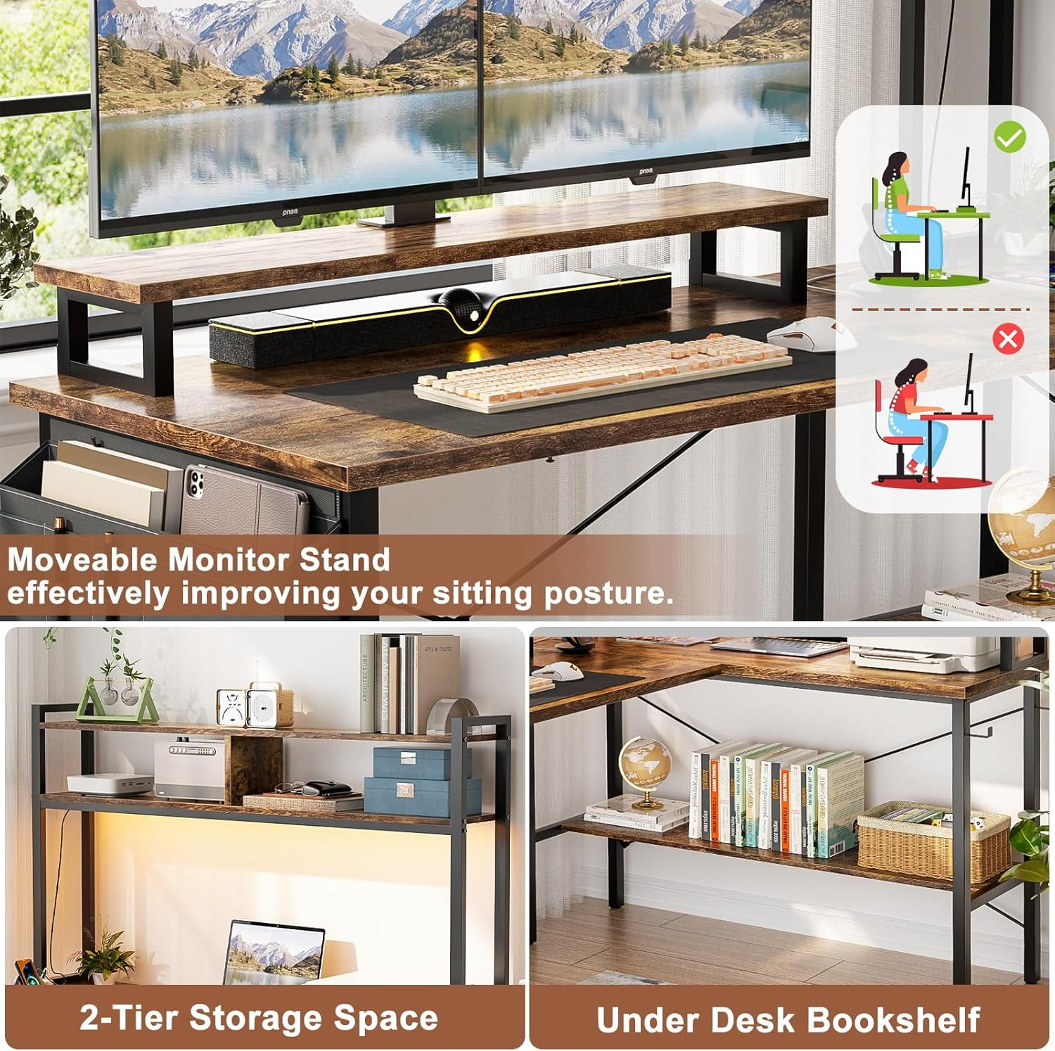 iSunirm Reversible L Shaped Gaming Desk with LED Lights & Power Outlets, 49'' Small L Shaped Computer Corner Desk with Monitor Stand and Storage Shelf, for Home & Office, Rustic Brown