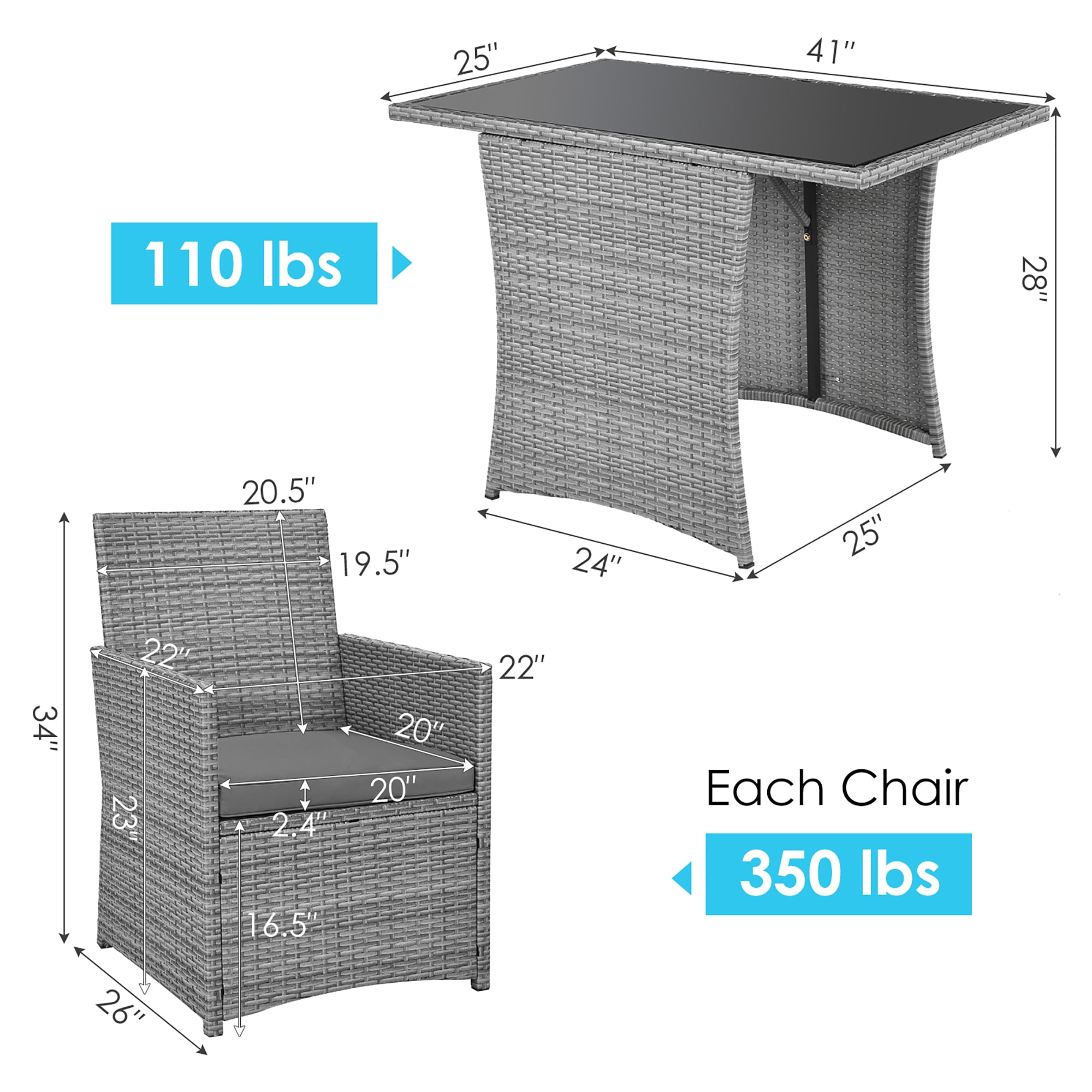Costway 3PCS Patio Rattan Furniture Set Cushioned Sofa Armrest  Garden Gray