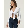thumbnail image 3 of Women's Long Sleeve Shrug Tie Front Elegant V Neck Faux Feather Cuff Crop Tops Cardigans XS White, 3 of 6