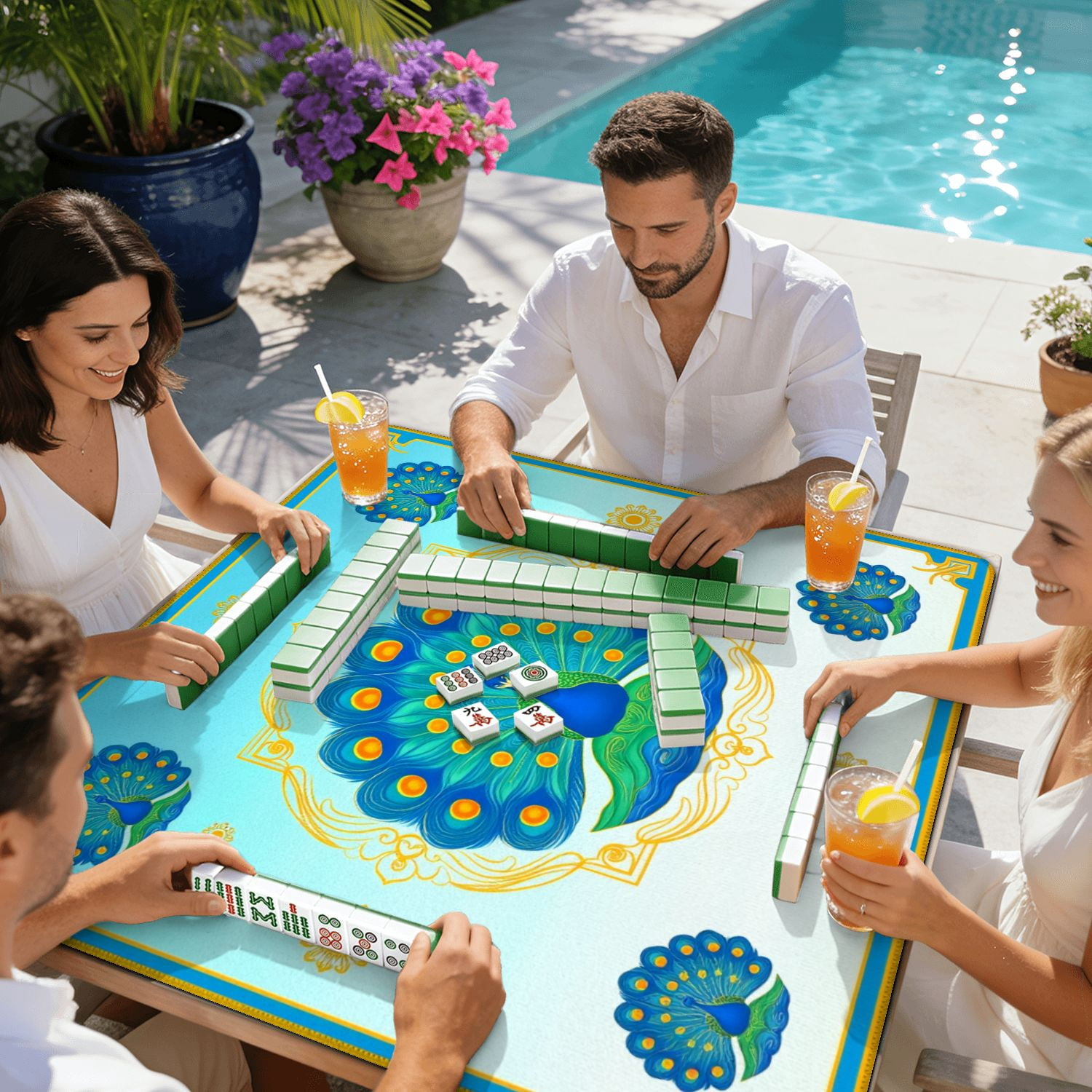 Mahjong Mat 31.5" x 31.5" Colorful Peacock Decorative Patterns Vibrant Feathers Non-Slip Noise Reduction American Mahjong Tiles Table Cover for Dominoes Poker Card Board Games Gift