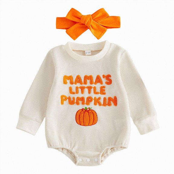 mgoYE Baby Girl Halloween Outfit Daddy's/Mama's Little Pumpkin Embroidery Waffle Long Sleeve Bubble Romper Waffle Bodysuit Headband Set(Light Yellow,6-12 Months)