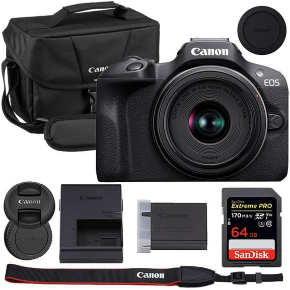 Canon EOS R100 Mirrorless Camera with 18-45mm Lens Bundle with Canon 200ES EOS Shoulder Bag   64GB Extreme PRO Memory Card