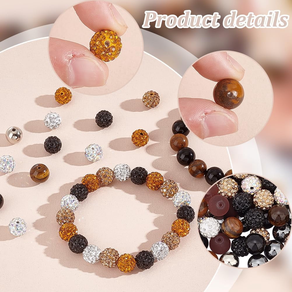 200pcs Black Brown Gold White Beads for Fall Boho Bracelet 10mm Gemstone Rhinestone Round Glass Pave Disco Ball Clay Beads for Jewelry Making 10 Styles Mixed Color