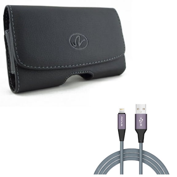 Charger Cord 6ft USB Cable w Leather Case Belt Clip for iPhone XS Max/8 PLUS/7 Plus/6S Plus/6 Plus - Power Wire Braided Long Sync and Swivel Holster Loops Cover Pouch