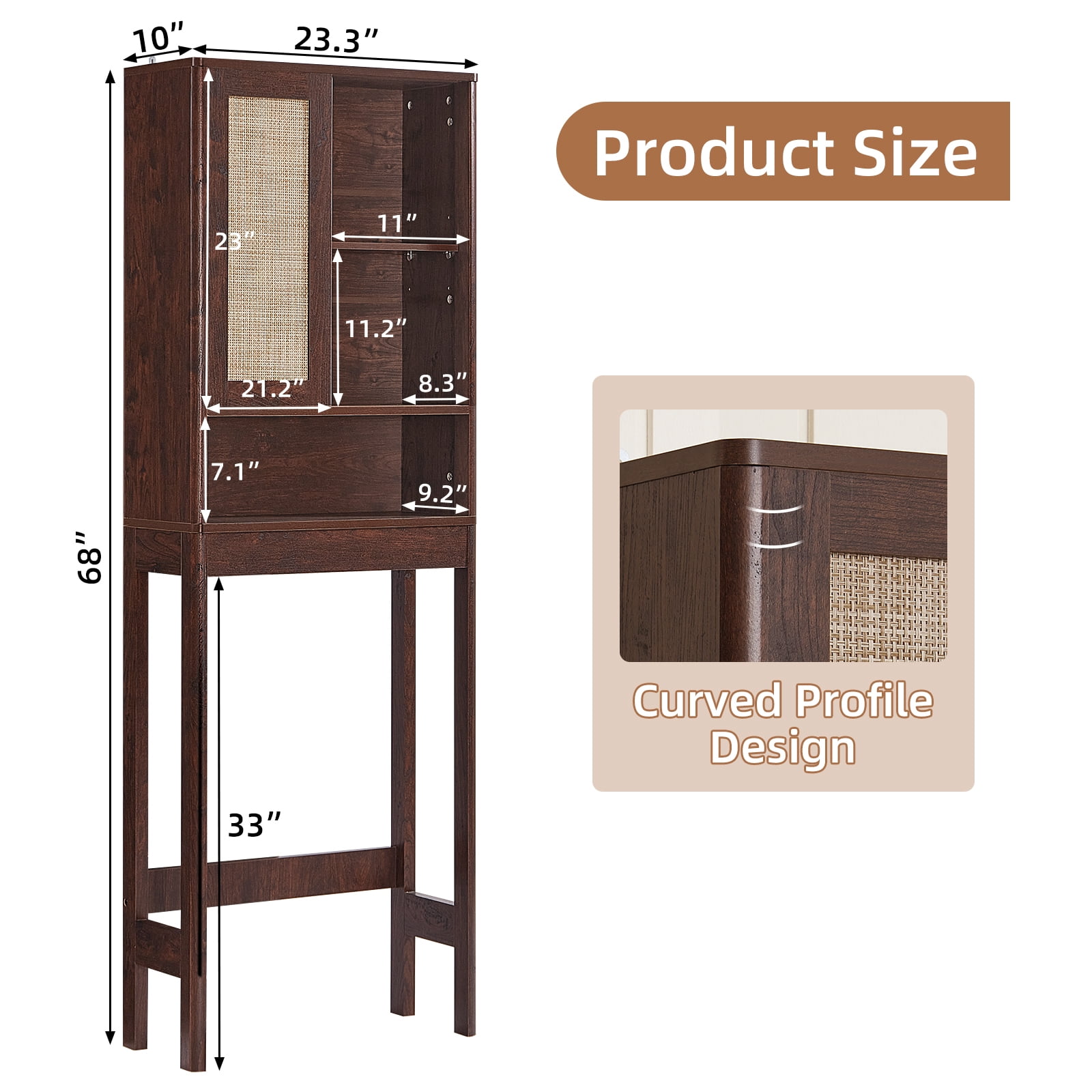 LELELINKY Over The Toilet Storage Cabinet with Rattan Sliding Door, 68" Tall Wood Bathroom Organizer with Adjustable Shelf for Small Spaces, Walnut