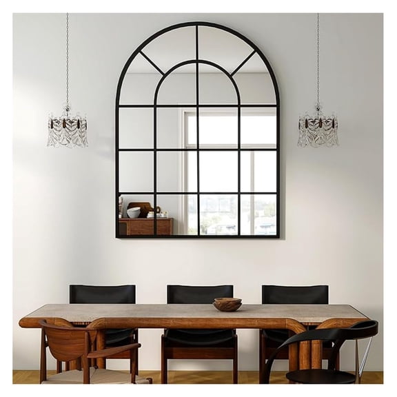 30"×40" Windowpane Arched Wall Mirror, Grid-Designed Decorative Farmehouse Wall Mounted Mirror with Metal Frame Hanging Leaning for Entryway, Living Room, Home Decor, Black