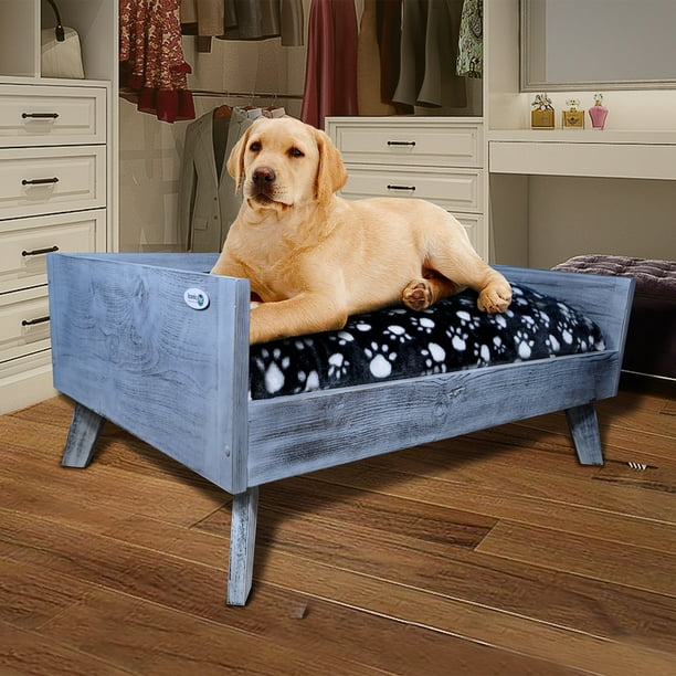 Raised Wooden Pet Bed with Removable Cushion Antique Gray Medium