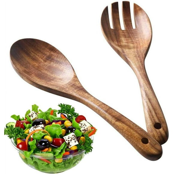 Wood Salad Tongs, 2-Piece Acacia Wood Salad Spoon Fork Set, Durable & Corrosion Resistant, Non-Toxic Protective Paint, Smooth Surface, Healthy Lifestyle Choice For Indoor Outdoor