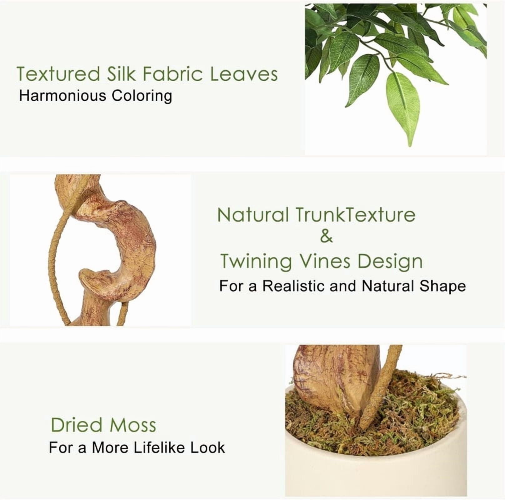 5 Ft Ficus Artificial Tree with Curved Trunk, Faux Plant Fake Silk Trees with White Pot for Home Office Decor Indoor Outdoor