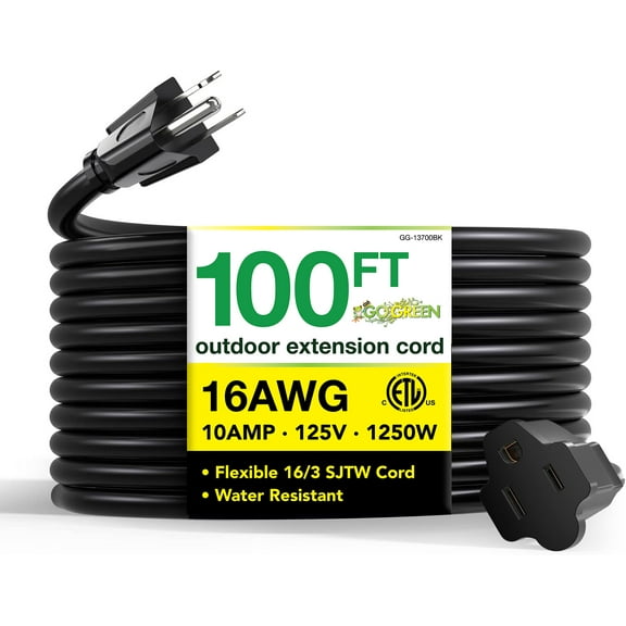 GoGreen Power Inc. 16/3 100ft Black Outdoor Extension Cord - Heavy Duty, Moisture Resistant - Perfect for Tools & Equipment - GG-13700BK