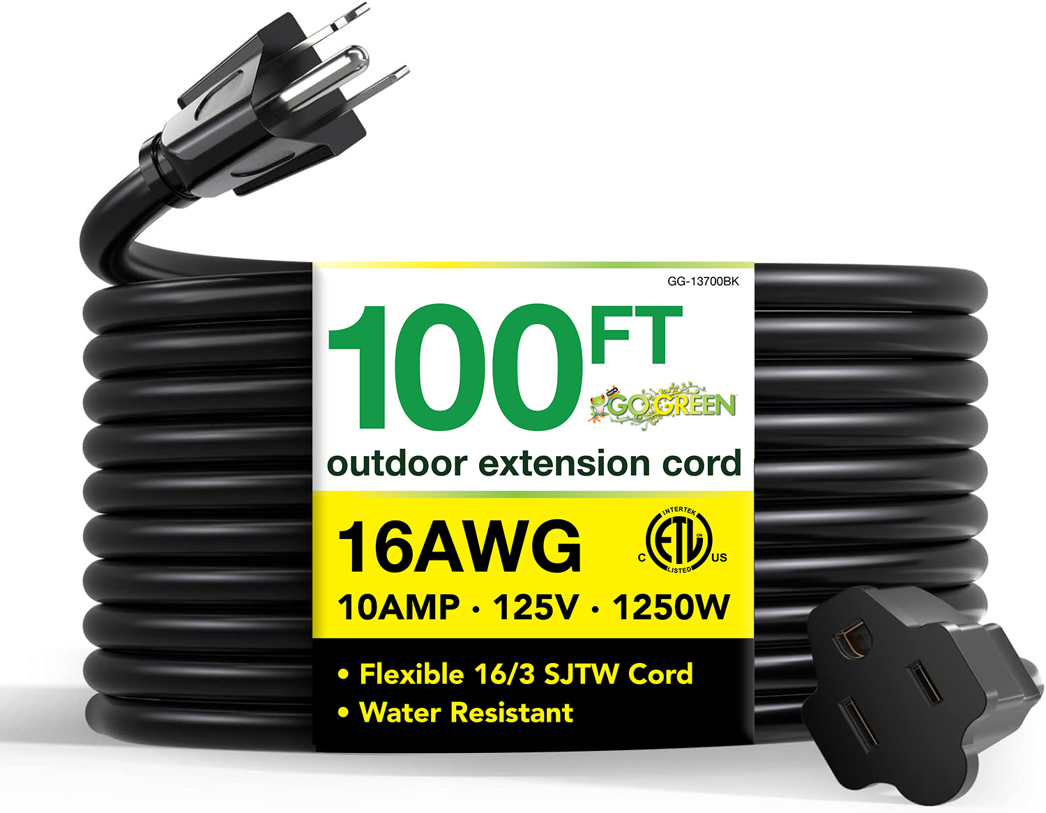 GoGreen Power 16/3 100ft Outdoor Extension Cord, Black photo 1