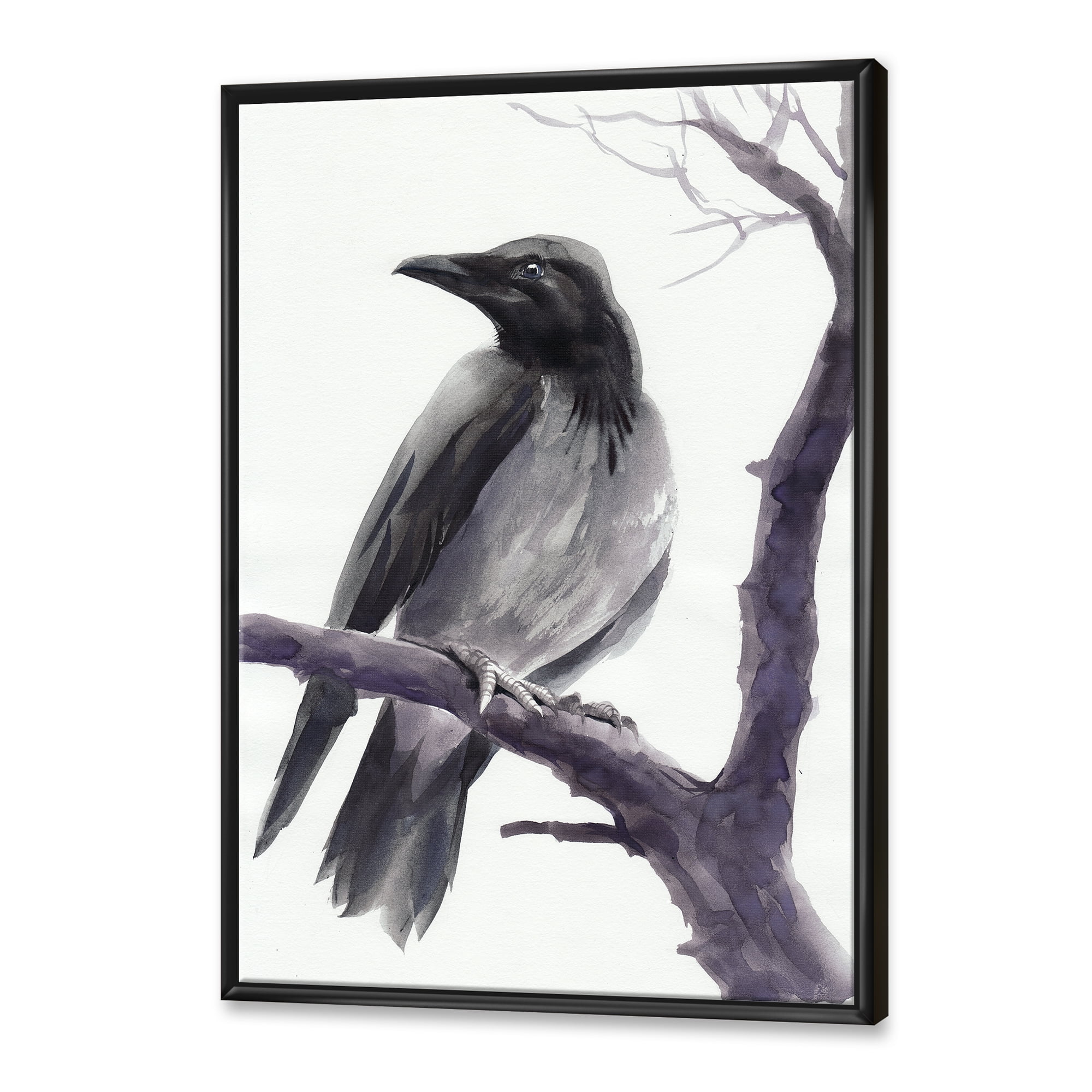 Big Crow Sitting On A Branch 24 in x 32 in Framed Painting Canvas Art Print, by Designart