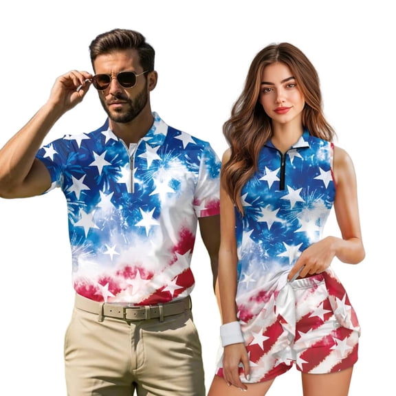 Garronmavis Patriotic Star Matching Couple Sport Shirts Fit Plain Matching Golf Shirts for Couple Quarter Zip Mens Hawaiian Shirt for Casual Wear Breathable Fabric 4-Way Stretch