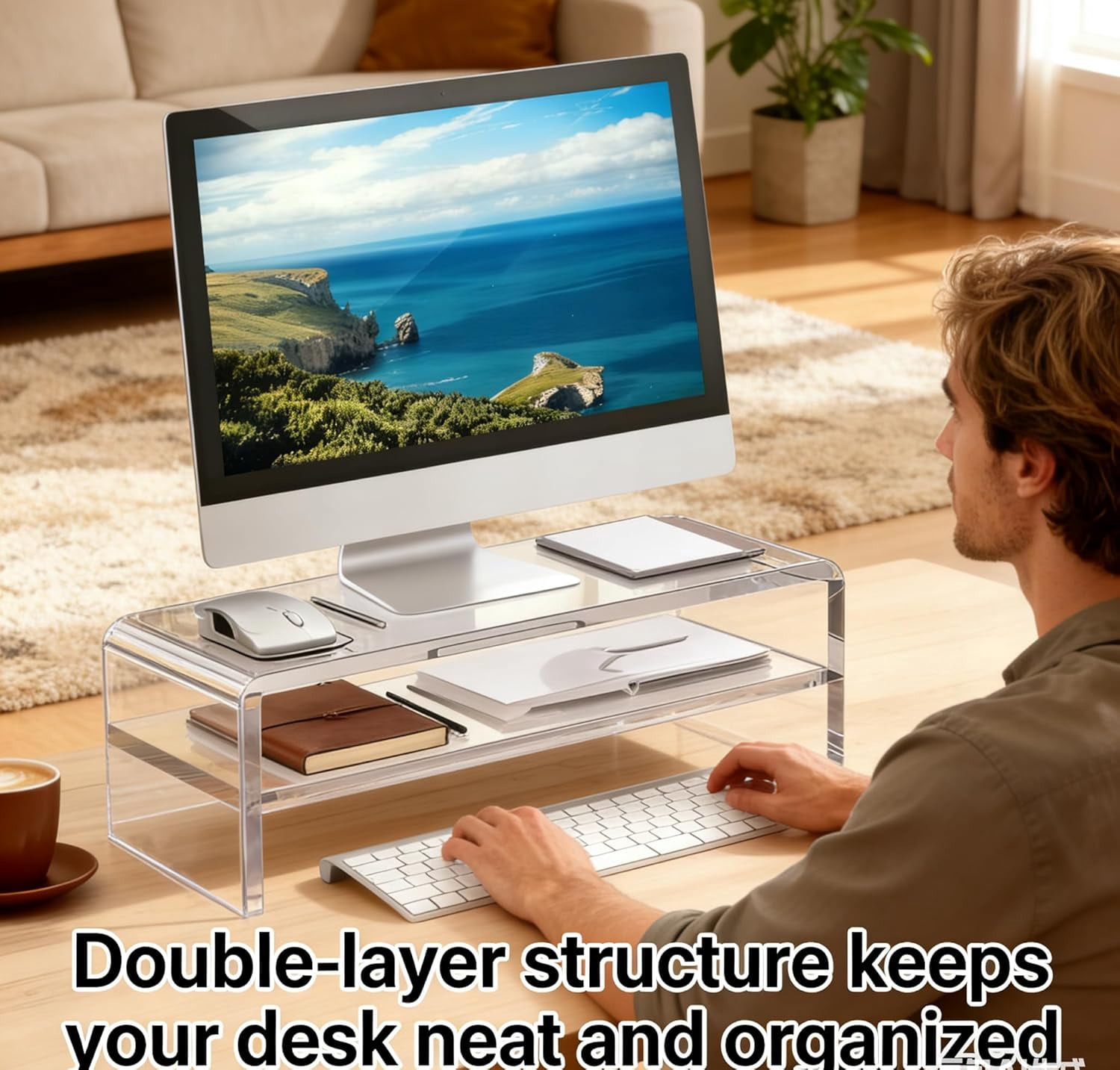 Acrylic Monitor Stand - 16/20 inch 2 Tier Riser for iMac, PC, Desktop, Laptop, TV with Storage Shelf, Home Office Desk Organizer (20in)