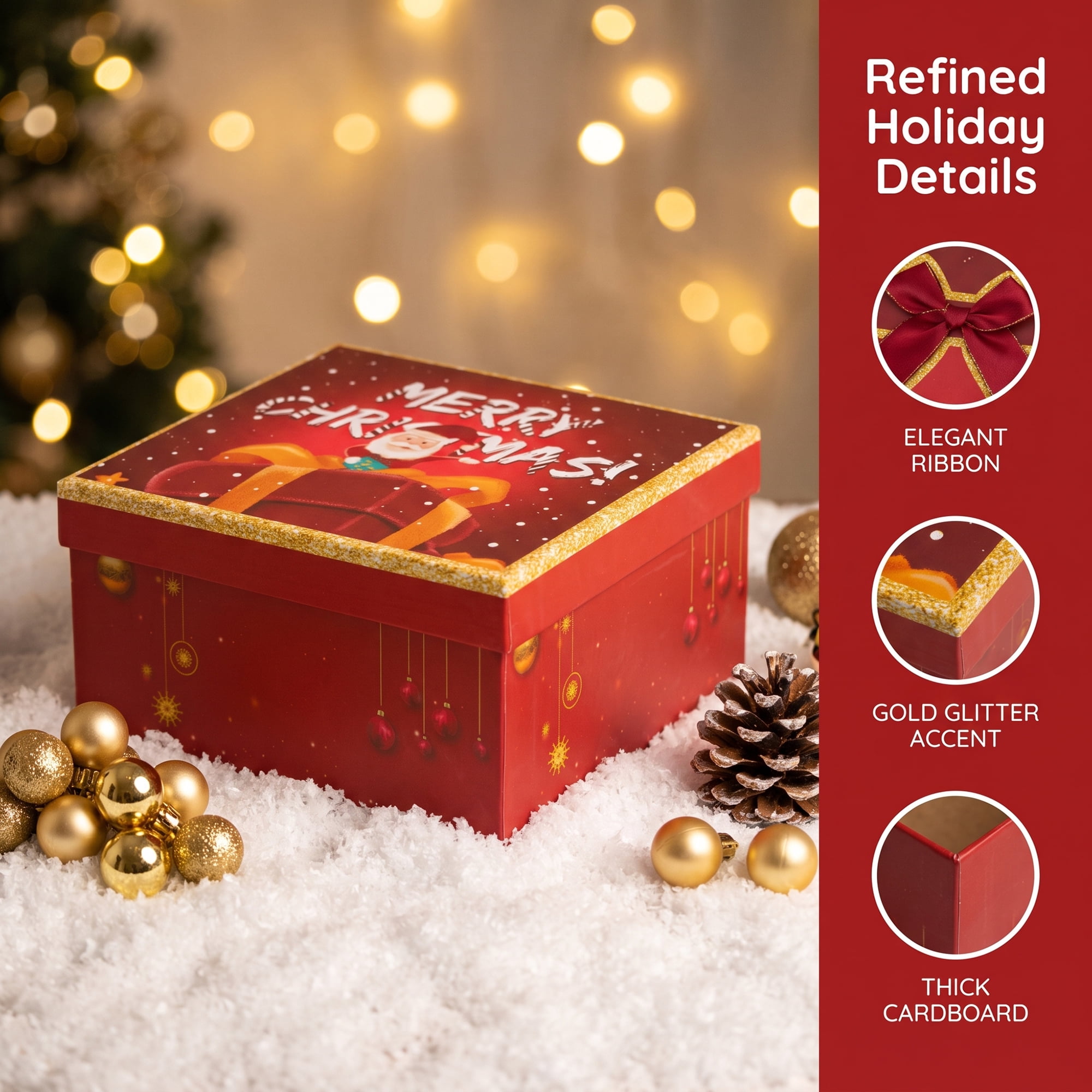 Unique Bargains Elegant Gift Box with Lid Featuring Christmas Pattern Red 7.9"x7.1"x3.9"