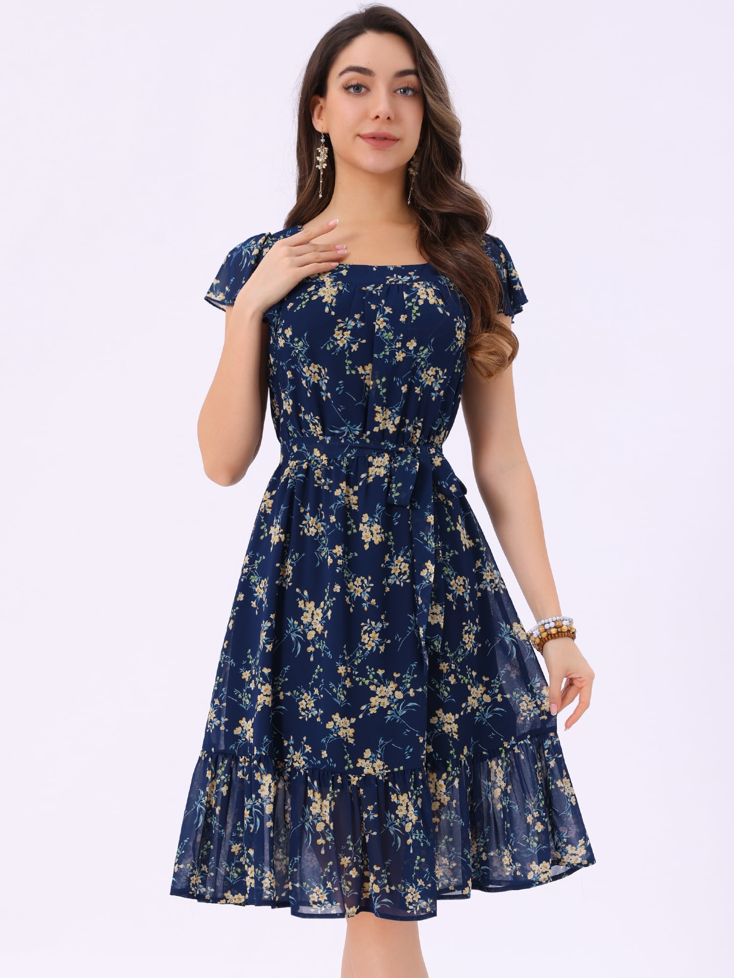 DARING DIVA Square Neck Flutter Sleeve A-Line Midi Dress S Blue
