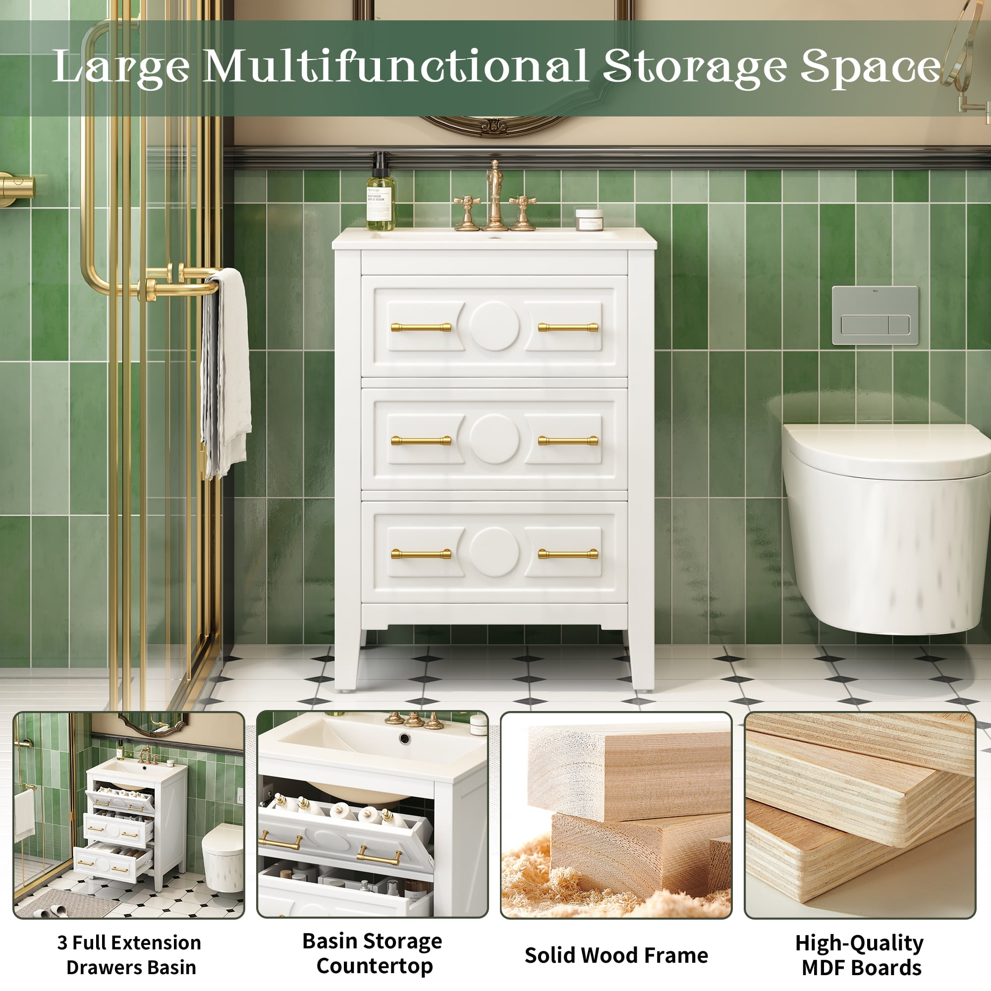 Euroco 24'' Bathroom Vanity with Ceramic Sink Combo, Free Standing Single Vanity Set with 3 Drawers, Solid Wood Frame Bathroom Storage Cabinet, White