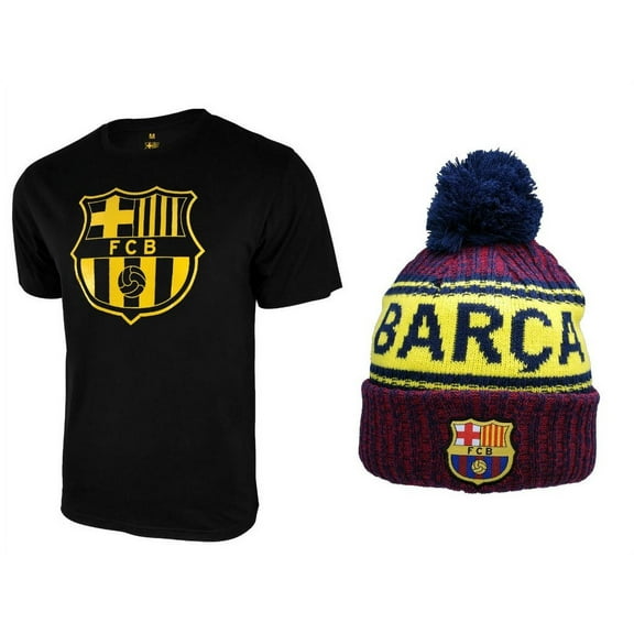 Icon Sports Men FC Barcelona Official Soccer T-Shirt and Beanie Combo 24 - Small