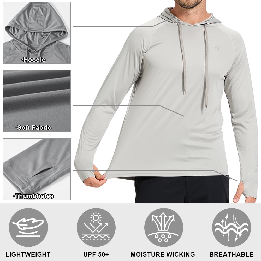 Satankud Men's UPF 50+ Long Sleeve Sunscreen Hoodie UV Sun Protection Hoodie with Thumbholes for Workout Fishing Hiking Sports Long Sleeve Hoodie Light Grey L