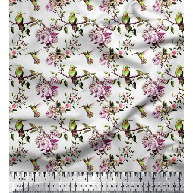 Soimoi Poly Georgette Fabric Hummingbird,Leaves & Rose Floral Print Fabric by the Yard 42 Inch Wide