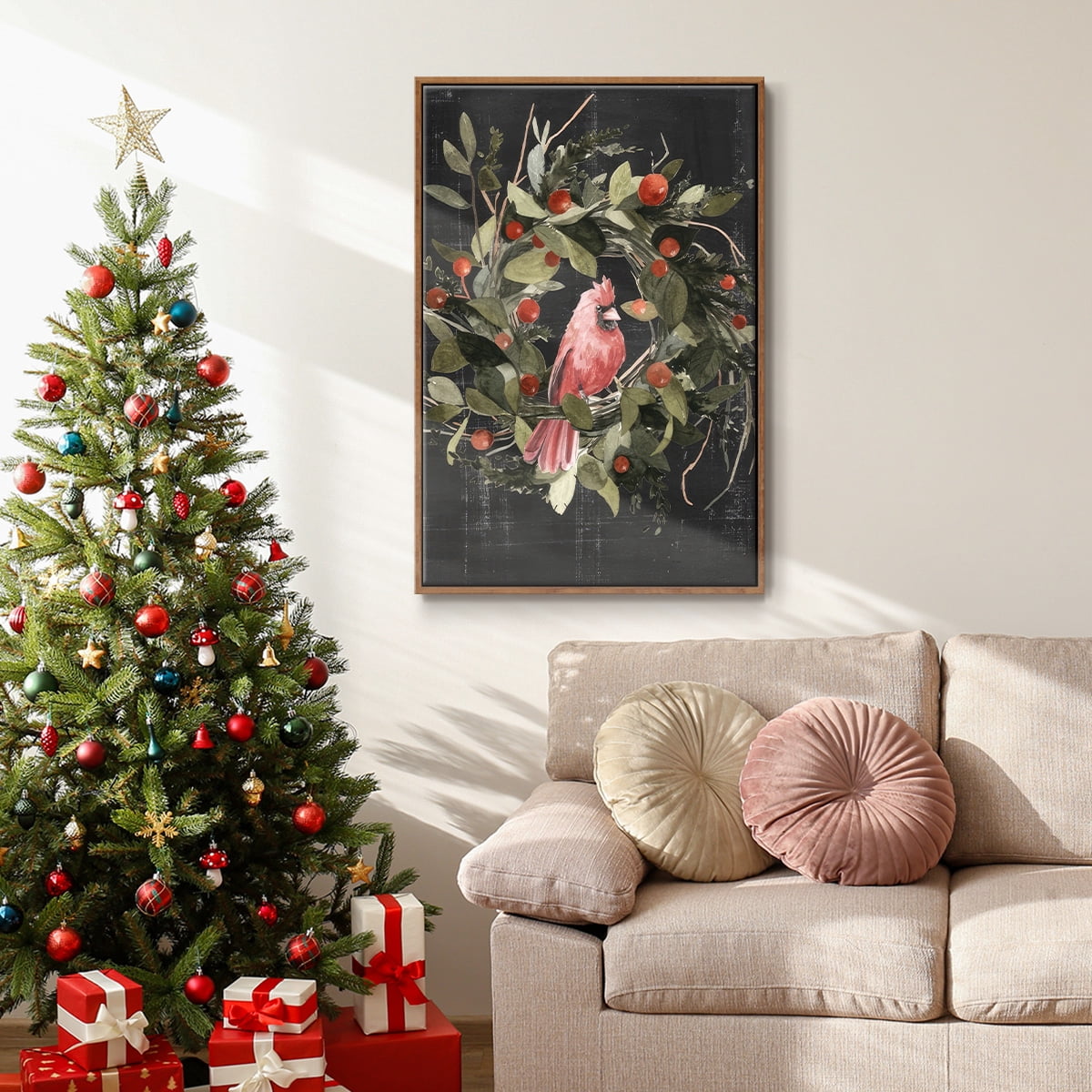 Christmas Cardinal II - Framed Gallery Wrapped Holiday Canvas - 27 x 41 - Rosewood Frame