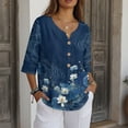 thumbnail image 3 of Xoenoiee Blue Lotus Flower Cloud Water Ripple Print Women Linen Button Down Shirt Rolled Cuffed 3/4 Sleeve Blouse Ladies Summer Casual V Neck Beach Cotton Tops, 4XL, 3 of 7