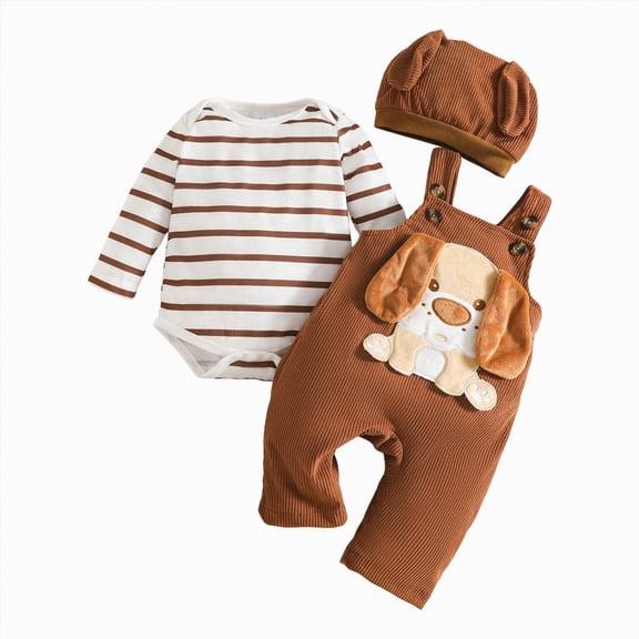 kpoplk 3Pcs Newborn Baby Boy Clothes Fishing Long Sleeve Romper Bodysuit T-Shirt Tops Pants Set Hat Spring Summer Outfits Size 0-3 Months,a11-Brown