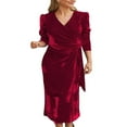 thumbnail image 1 of Femmes Velours Midi Robe Bodycon Couleur Unie V-Cou Tie-Up Robe à Manches Longues Robe de Soirée, 1 of 5