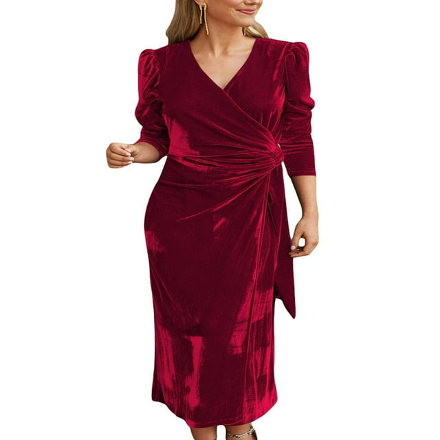 Femmes Velours Midi Robe Bodycon Couleur Unie V-Cou Tie-Up Robe à Manches Longues Robe de Soirée