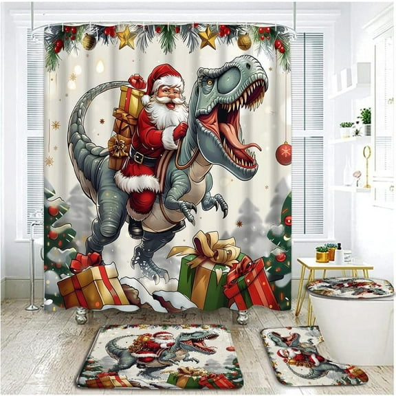 4 Piece Funny Christmas Shower Curtain Set with Rugs, Toilet Lid Cover ,Santa Claus Riding Dinosaur Snowflake Colorful Xmas Balls Winter Holiday Cartoon Animal Bathroom Shower Curtain with Hooks
