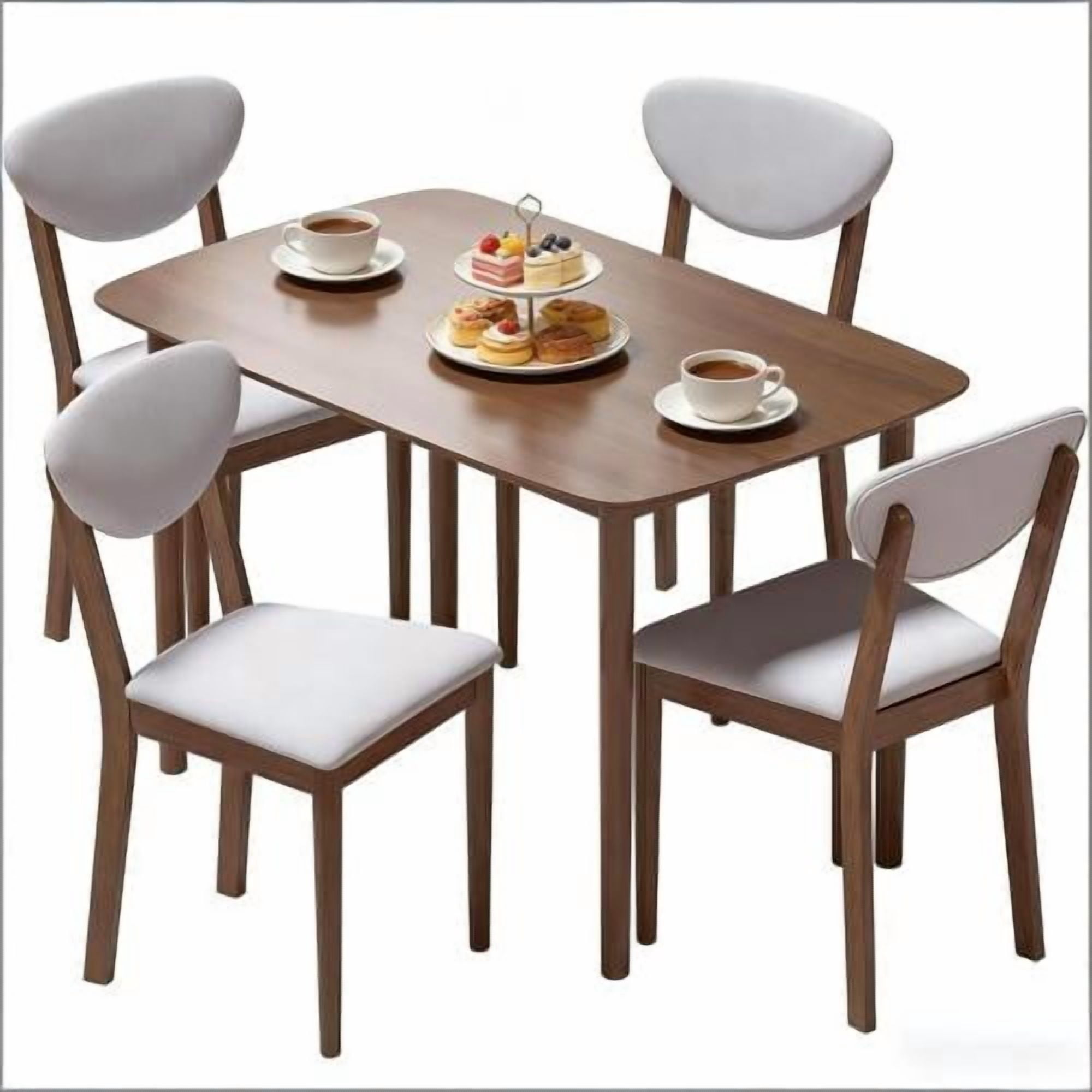 47-Inch 5-Piece Dining Table Set, Walnut Finish Table with 4 Light Gray Upholstered Chairs, Space-Saving Compact Kitchen Dinette