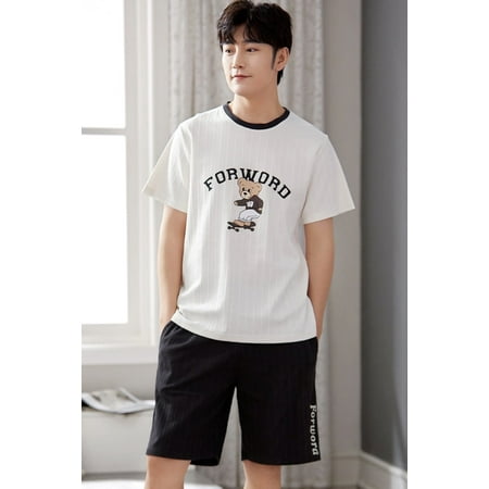 

QWZNDZGR Summer New Cartoon Mens Pajamas Casual Short Tops Lattice Short Pants Sets Pyjamas Stripe Men Sleepwear Pijamas Homewear Fashion