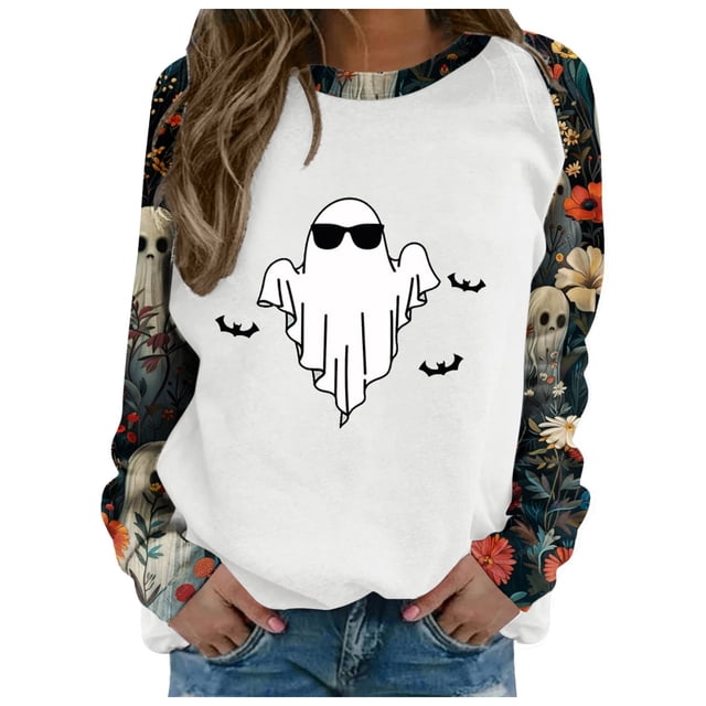 Chandail à Capuche Imprimé Halloween pour Femmes Manches Longues Décontracté Automne Mode Graphique Col Rond