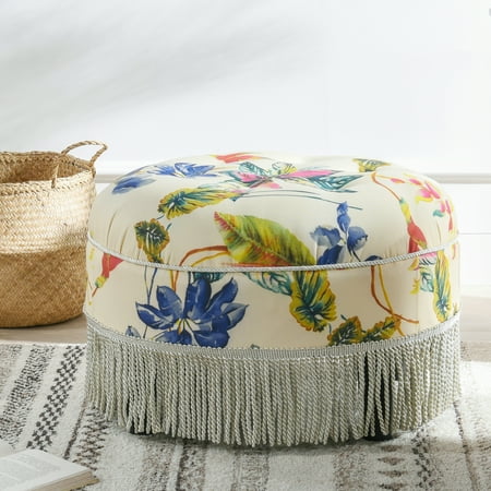 Yolanda 24 Round Upholstered Accent Ottoman Beige & Tropical Floral with Ivory Trim Beige Fabric Furniture Primary Living Space Ottomans