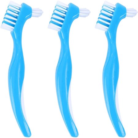 3PCS Denture Toothbrush Double Brush Head Denture Care Toothbrush Denture Care Brush Anti- Slip Handle Denture Cleaning Brush Portable Denture Cleaning Brush for Home Use Blue