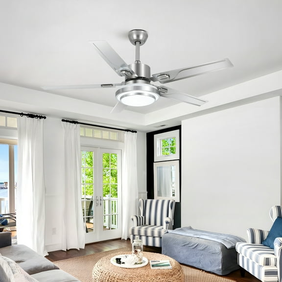 GMizon 52-Inch Modern 5-Blade Stainless Steel Ceiling Fan Light with LED Tri-Color Dimming, Living Room Chandelier Ceiling Fan (Silver)