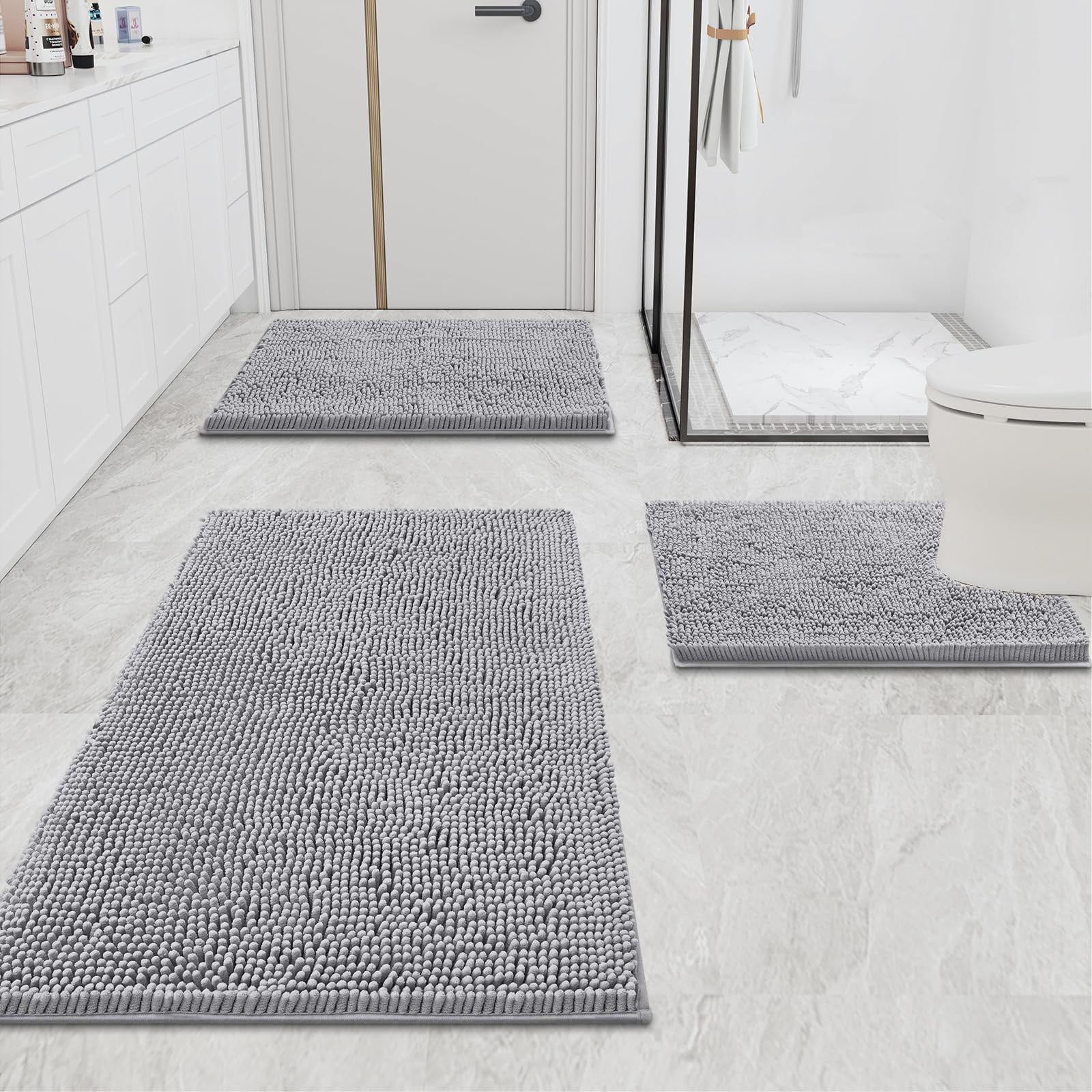 Smiry Bathroom Rugs 2 Piece Set, Soft Absorbent Chenille Bath Mat and U-Shaped Toilet Contour Rug, Non Slip Shaggy Bath Rug Set (30x20+24x20, Light Grey)