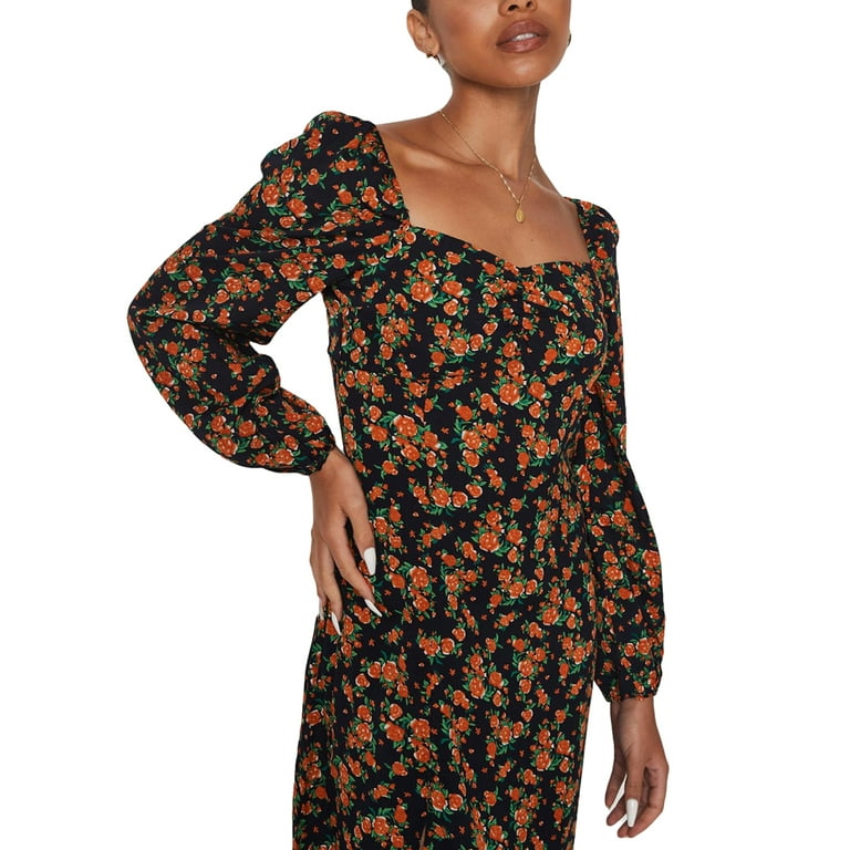 Canrulo Women Long Puff Sleeve Square Neck Dress Floral Print