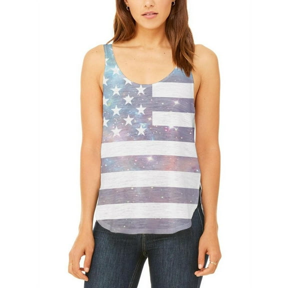 4th of July Galaxy American Flag USA Juniors Flowy Side Slit Tank Top Multi MD