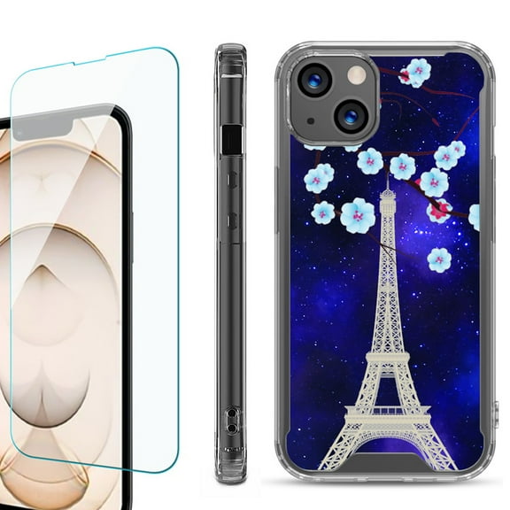 Shockproof Bumper Phone Case for iPhone 13, with Tempered Glass Screen Protector, by OneToughShield ® - Eiffel Tower Stars