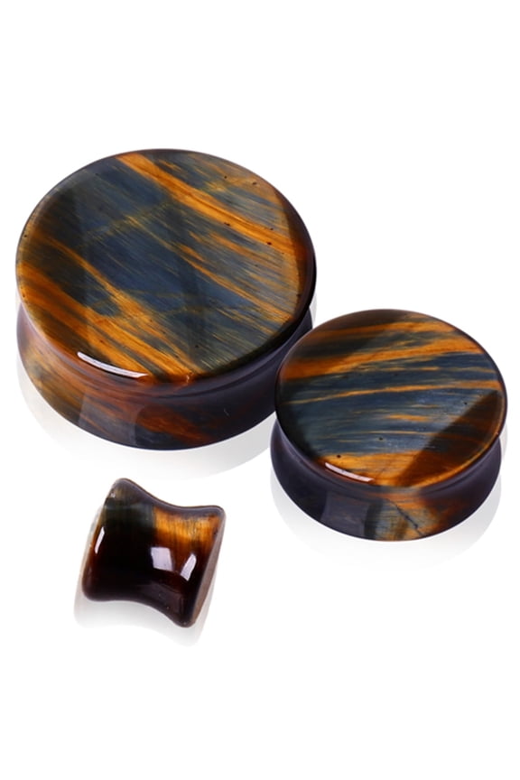 Pair of Natural Blue Tiger Eye Stone Saddle Plug Double Flare Ear Lobe Plugs