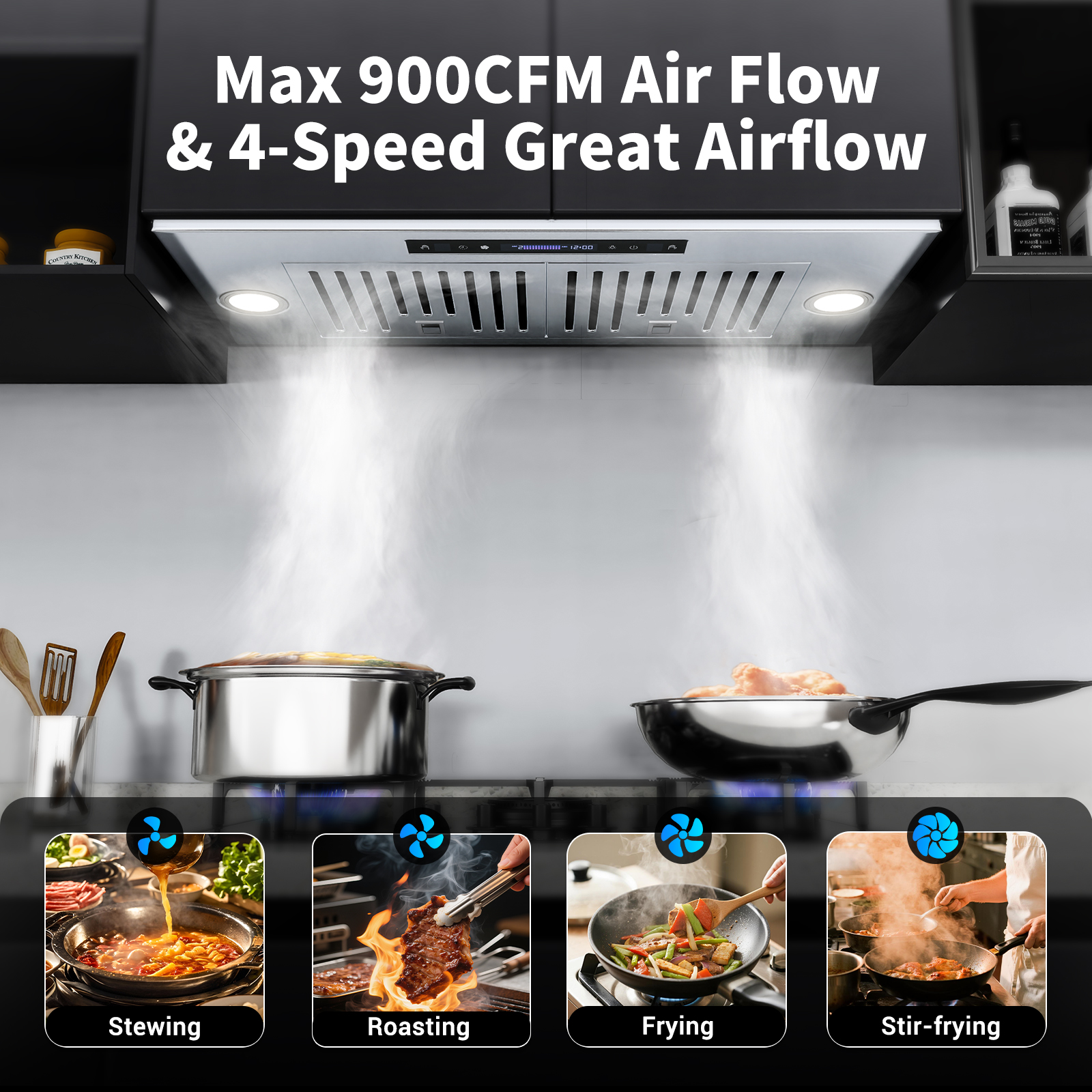 TABU 30 inch Under Cabinet Range Hood, 900 CFM Built-in Range Hood with 4 Speeds,Led Light,Stainless Steel