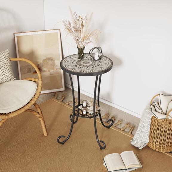 Patio Side Table with Shelf, Brown Black