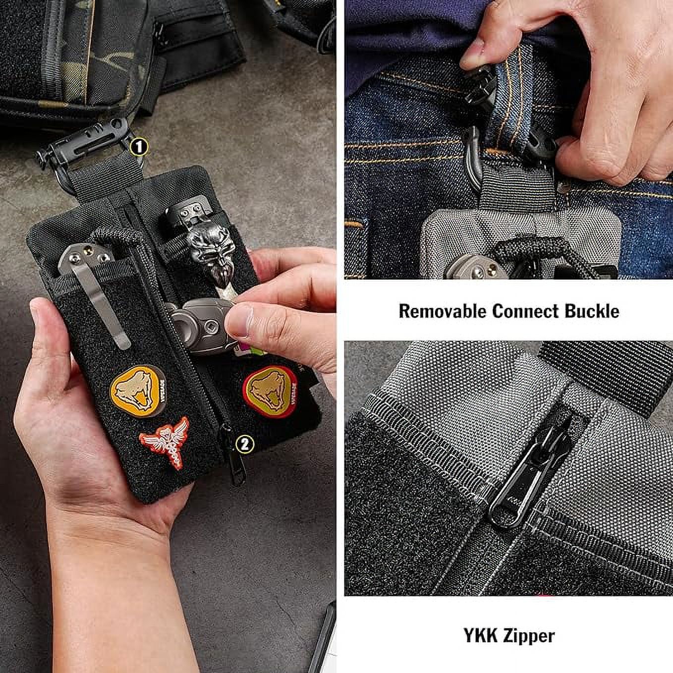 VIPERADE VE24 EDC Pouch, Minimalist EDC Pocket Pouch with DIY Patches Area, EDC Organizer with 2 Tool Slots, Pocket Organizer with Zipper Pocket-Black