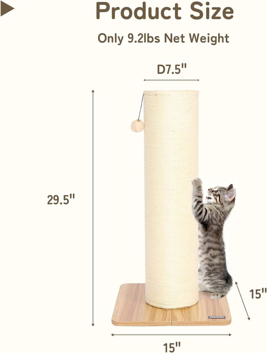 LHBcraft 29.5" Cat Scratching Post, 7.5" Dia Thick Natural Sisal Cat Scratch Post, Beige