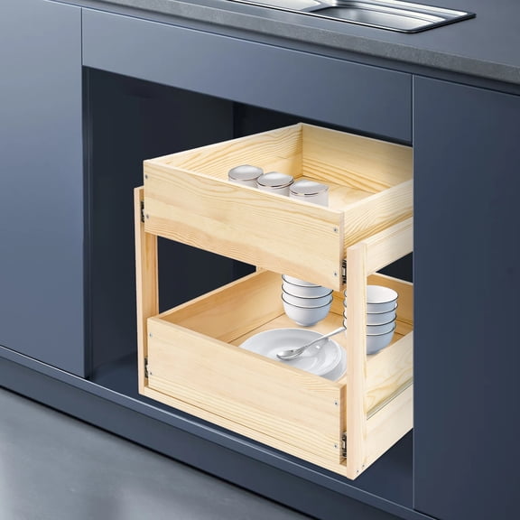 20*21*16in 2-Drawer Pull-out Cabinet Organizer Pine Wood Cabinet Organizer Drawer Shelves Storage for Kitchen