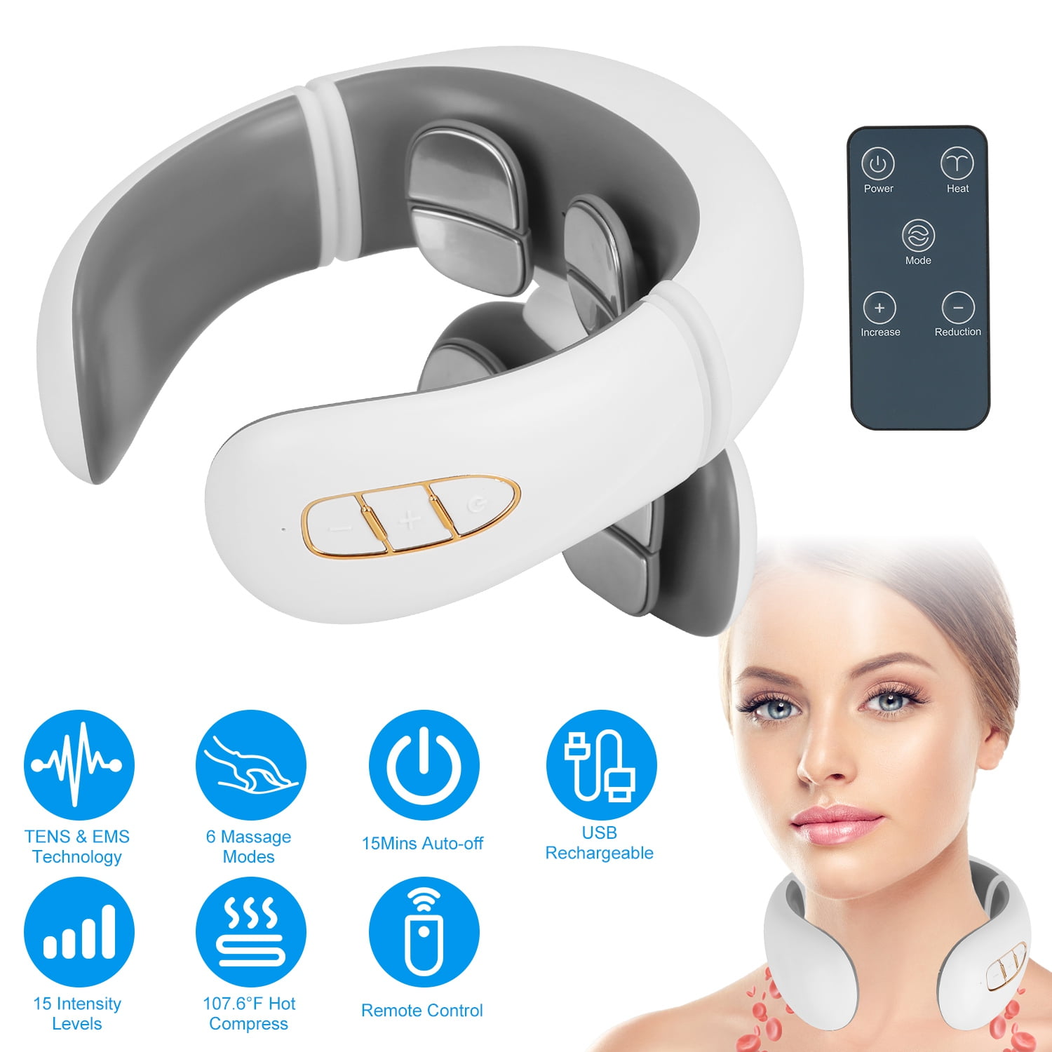 EMS Neck Massager with Heat Portable Cordless Electric Neck Massager with 6 Modes 20 Intensity Levels Remote Control Voice Prompt for Office Home Outdoor Use (8 Head)