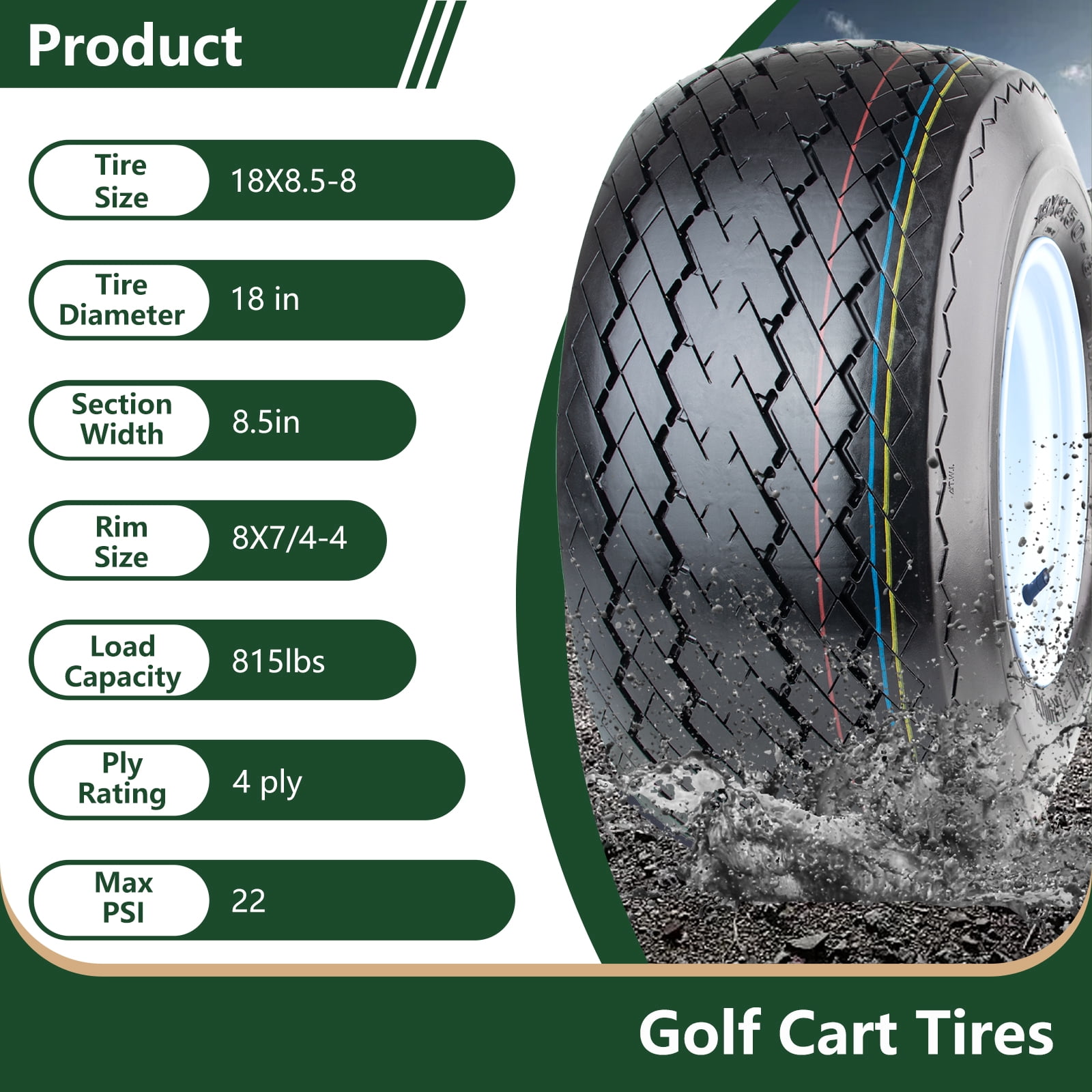 Hi-Run 4 Set SU15 18X8.50-8 4PR Golf Cart Tires Wheel Assembly & 8X7 4 Lugs on 4" PCD White Rim Fits 18X8.5X8, 18X8.5-8